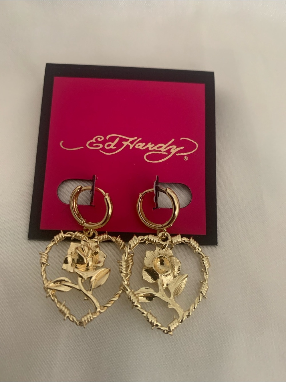 Ed Hardy Gold Rose Heart Hoop Earrings